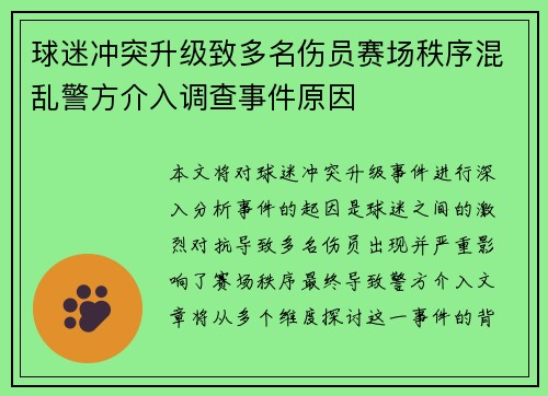 球迷冲突升级致多名伤员赛场秩序混乱警方介入调查事件原因 球迷冲突升级致多名伤员赛场秩序混乱警方介入调查事件原因